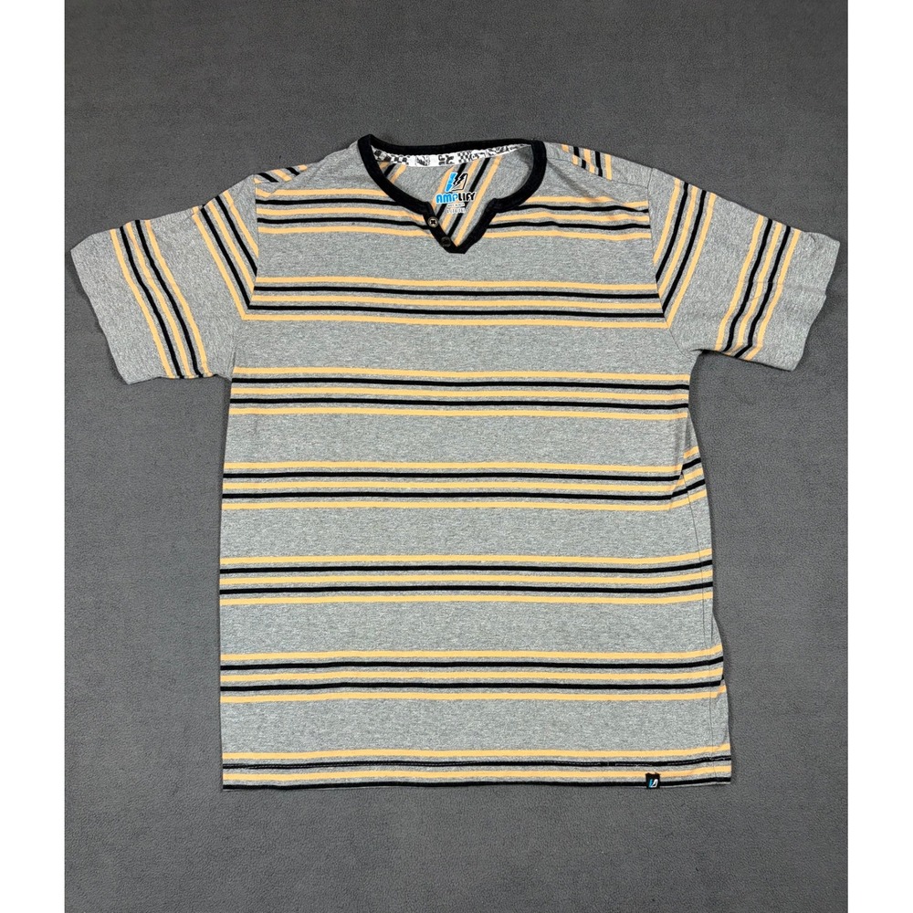 Amplify Henley T-Shirt Boys L (14/16) Gray Striped Short Sleeve Button Neck